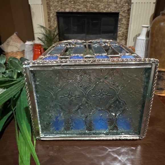 Handmade Artisan Cut-Stained Glass Art Noveau Candle Holder w/blue glass Crosses - Picture 7 of 8